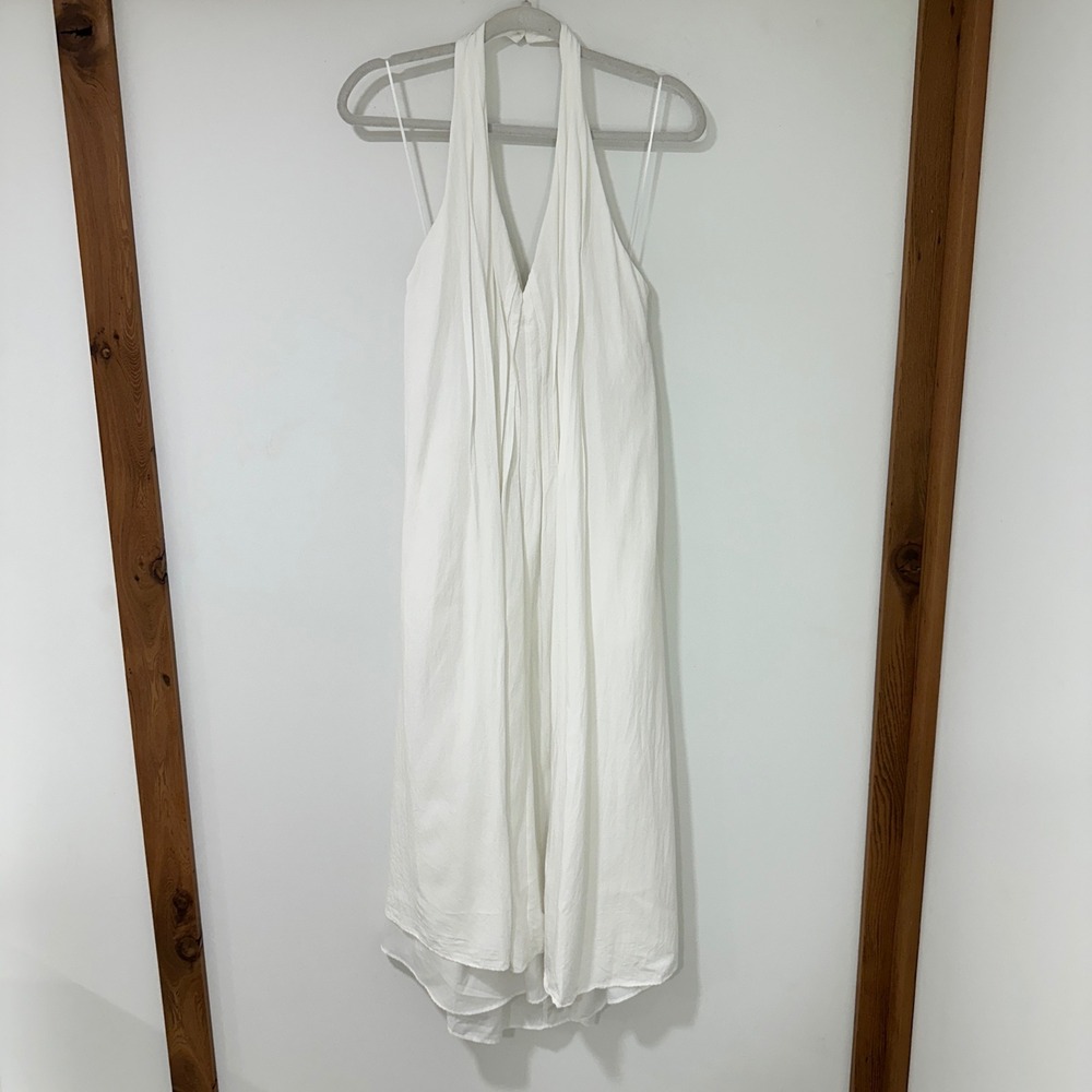 La Februiz Halter Dress L White Cotton Blend Pleated V-Neck Boho Coastal‎ Midi
